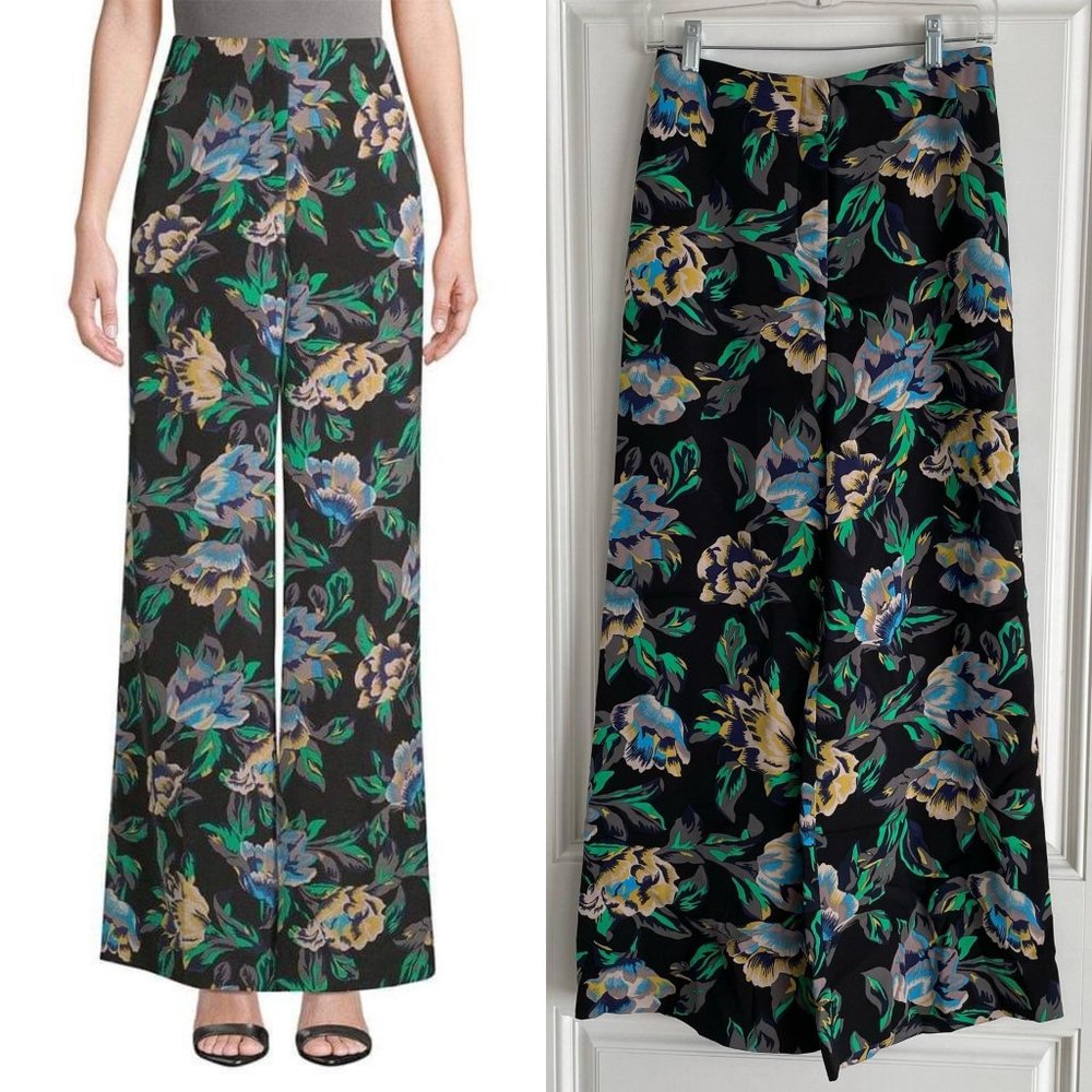 Women's Diane Von Furstenberg Wide Leg High Rise Floral Benton Black Pants 2